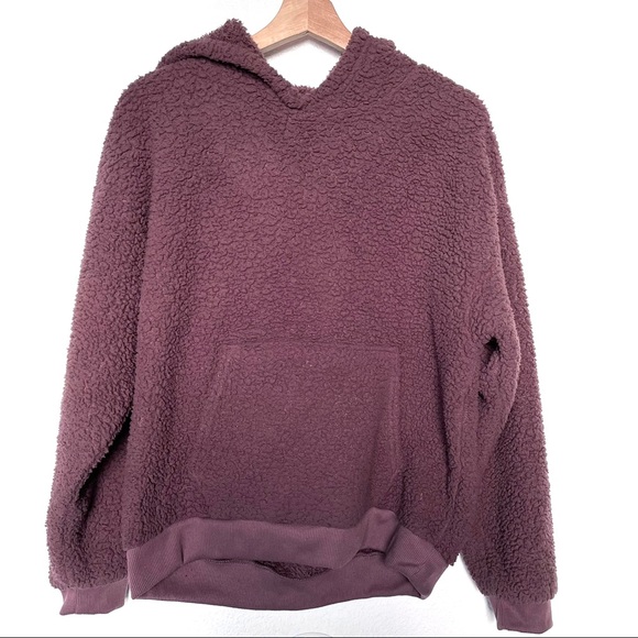 American Eagle Fluffy Sherpa Hooded Teddy Sweater in Dark Plum - Picture 3 of 6